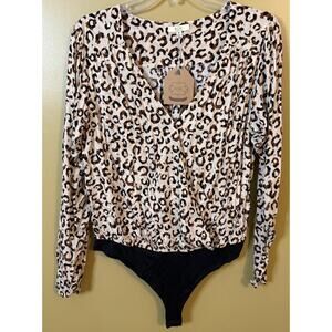Kori America Leopard Bodysuit Womens Medium Tan Black NWT Long Sleeve Surplice
